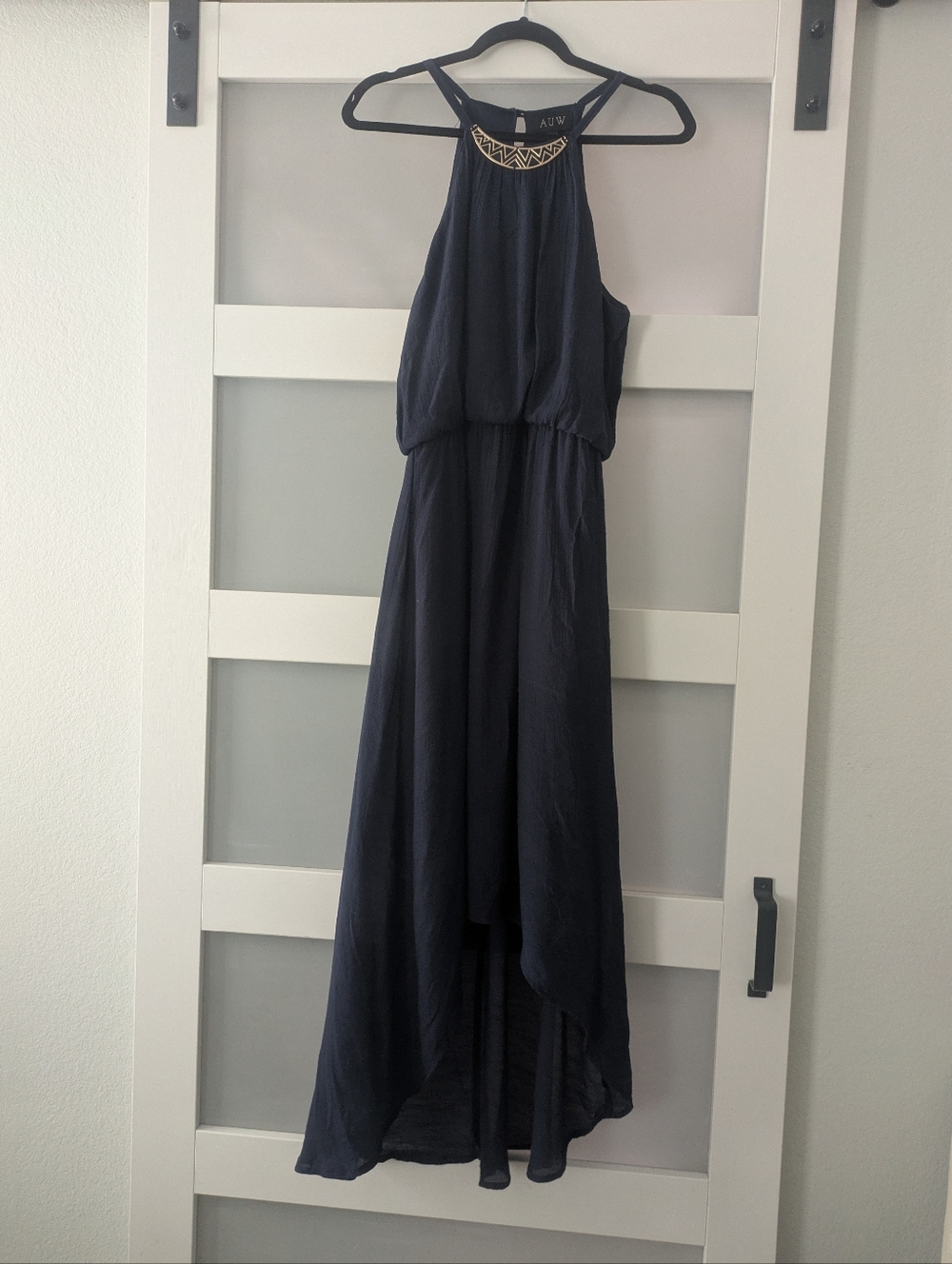 AUW Navy High-Low Halter Maxi Dress with Gold Embellished Neckline